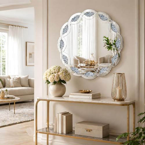 Elegant Round Wall Mirror Crushed Diamond Frame, Sparkling Crystal Luxury Mirror - Image 4
