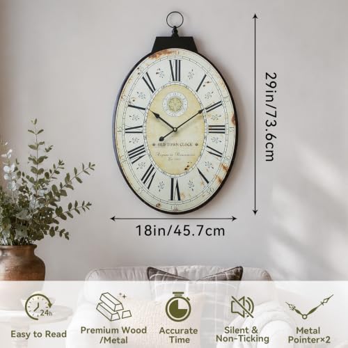 29 Inch Vintage Oval Wall Clock, Silent Non-Ticking Battery Operated Wall Clocks - Image 2