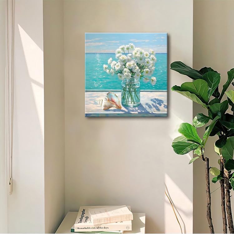 Ocean Flower Bathroom Decor Daisy Floral Canvas Wall Art Coastal Nautical - Image 4