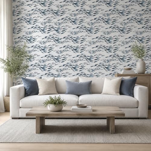 GreenTik Peel and Stick Wallpaper, Watercolor Fish Pattern Aqua Grey Removable - Image 3