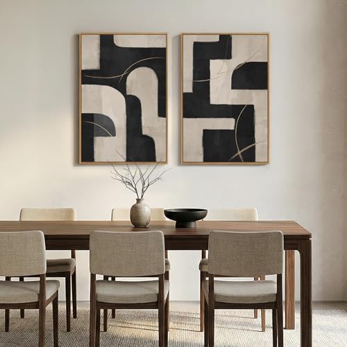 Large Framed Neutral Black and Beige Abstract Wall Art Set of 2, 24x36 In - Image 5