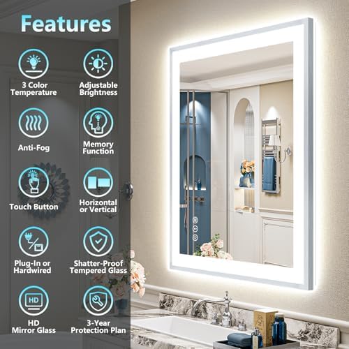 30x36 Inch Brushed Nickel LED Bathroom Mirror, Backlit & Front Lit - Image 2