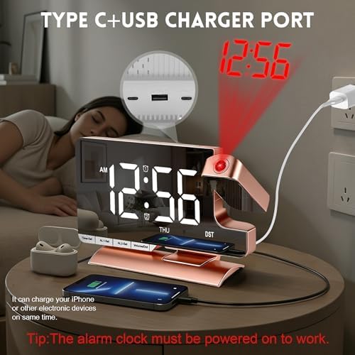 Projection Clock, Alarm Clocks for Bedrooms, 7.3"Mirror Bedside Clock - Image 5