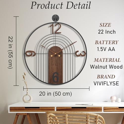 Modern Large Walnut Dial Wall Clock, Wood Metal Frame Silent Non Ticking Wall - Image 3