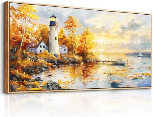 Large Framed Sunset Beach Canvas Wall Art Boat Lighthouse Seascape Painting - Image 2