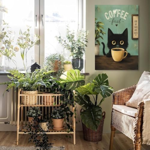 Coffee Cat Poster Black Cat Coffee Lover Vintage Canvas Wall Art - Image 5