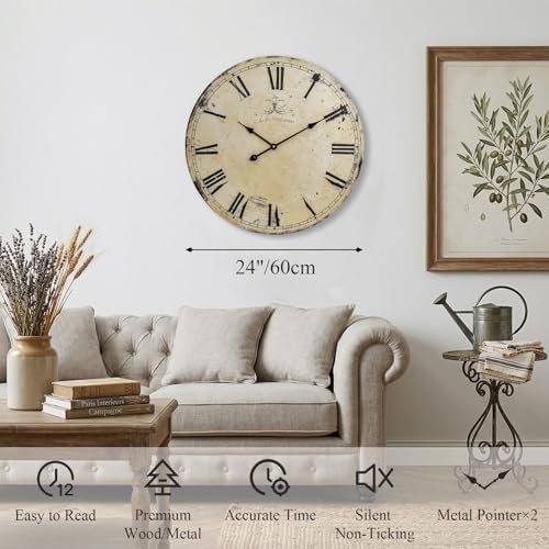 24 Inch Vintage Yellow Wall Clock, Farmhouse Silent Non-Ticking Battery - Image 2