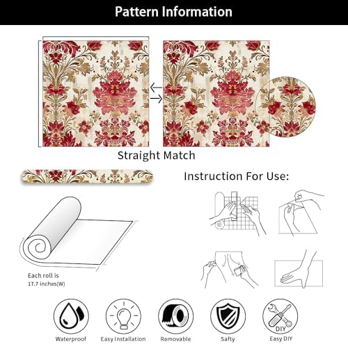 18"x236" Classical Beige Red Damask Flower Retro Peel and Stick Self Adhesive - Image 7