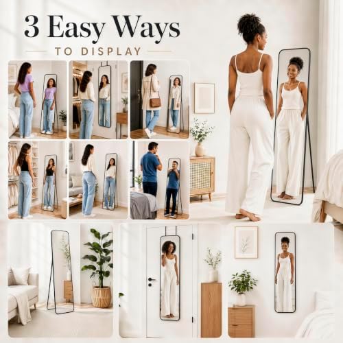57x16" Full Length Mirror Floor Stand, Over the Door, Wall Mounted Black - Image 6