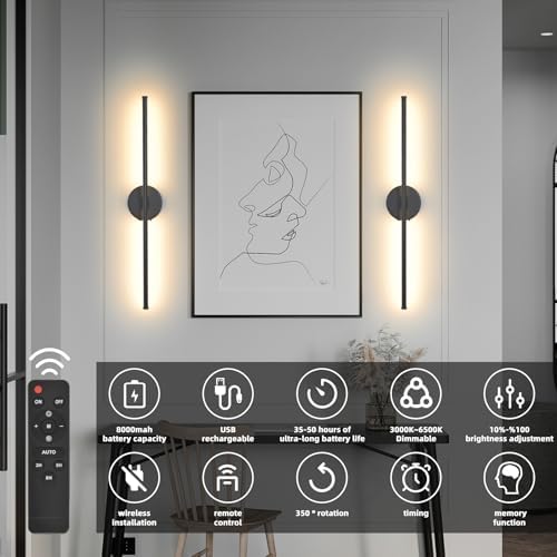 Wall Sconces Battery Operated Set of 2, 27.6 Inch Dimmable USB Rechargeable - Image 3