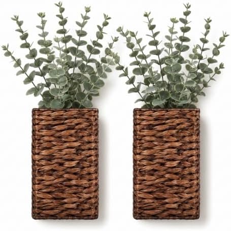 2 Pack Woven Wall Vases with Artificial Eucalyptus, Hanging Wall Planters by Gerrii