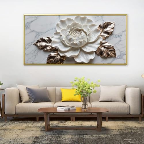 Suconvng Gold Framed Wall Art Living Room Home Wall Decor Modern White Flower - Image 2