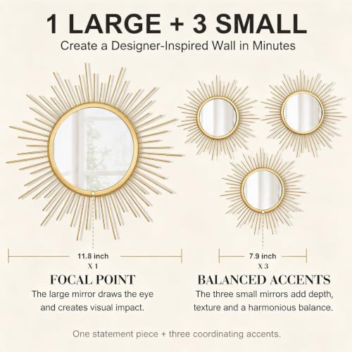 4 Pieces Gold Sunburst Wall Mirror Set Modern Metal Circles - Image 3