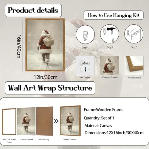 Framed Vintage Christmas Canvas Wall Art, Rustic Santa Claus Walking Snowy Wall - Image 6