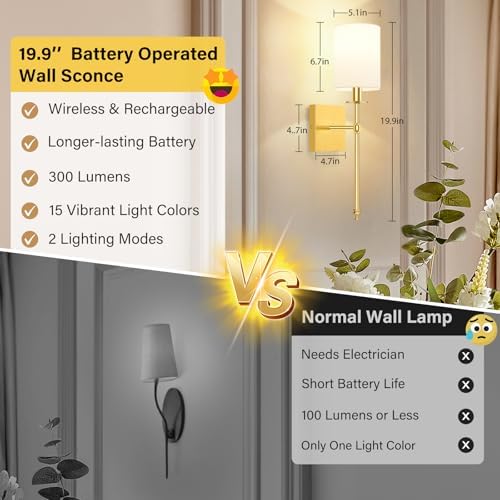 19.9 Inch Wall Sconces Battery Operated Set of 2, Not Hardwired Dimmable Wall - Image 3