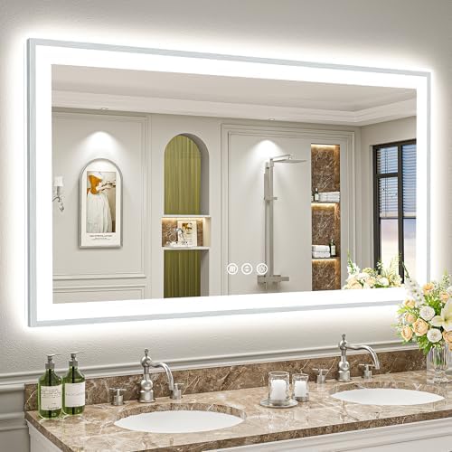 60x36 Inch Brushed Nickel LED Bathroom Mirror, Backlit & Front Lit by Awandee