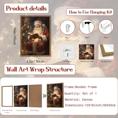 Framed Vintage Christmas Canvas Wall Art, Santa Claus Reading Book Paintings - Image 6