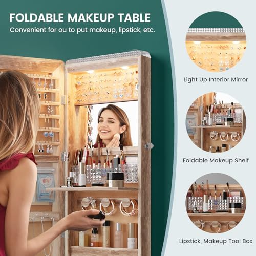 HNEBC Full Length Mirror with Storage, Wall Mounted Jewelry Cabinet with RGB - Image 4