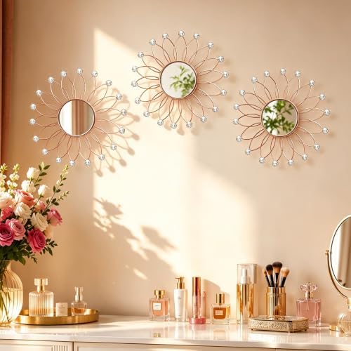 3 Pack Wall Metal Mirrors Sunburst Wall Mirror Rose Gold Crystal Wall Art - Image 5