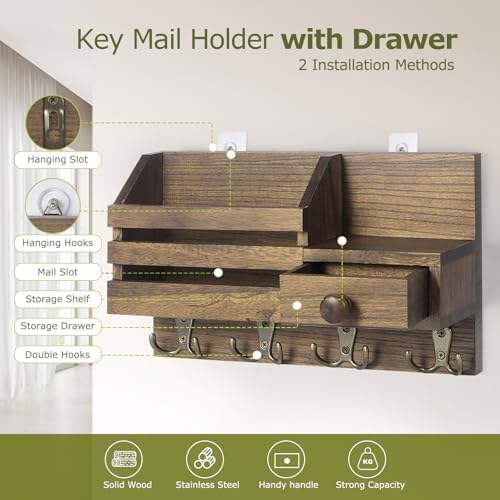 Key Holder Wall Mount, Wooden Key and Mail Organizer - Image 3