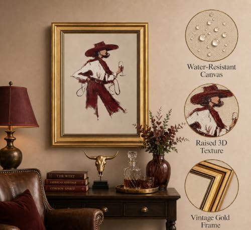 Gold Framed 3D Textured Wall Art, Modern Western Burgundy Fashion Pictures Decor - Image 2