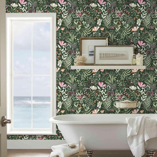 Fititem Green Floral Peel and Stick Wallpaper Boho Dark Vintage 17.3”×591” - Image 2