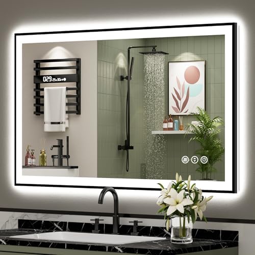 48x30 Black LED Bathroom Mirror, Backlit & Front Lit Lighted Mirror by Awandee