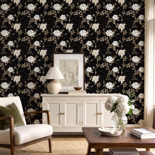 Laatse Vintage Dark Black Golden Floral Wallpaper Peel and Stick 17.5"x787" - Image 3