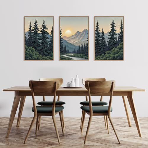 HLNIUC Mountain Forest Sun Framed Wall Art, Large Boho Pine Tree Canvas Wall - Image 6