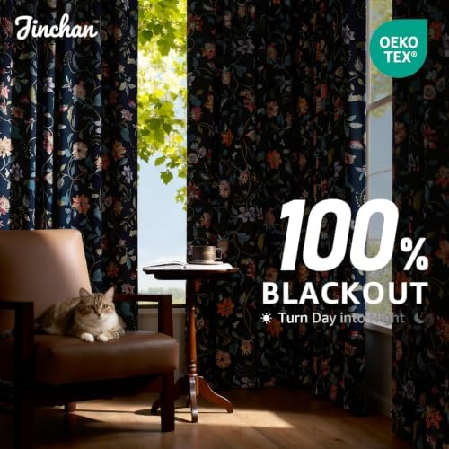 jinchan Dark Blue Floral Blackout Curtains 96 Inch Back Tab 2 Panels - Image 3