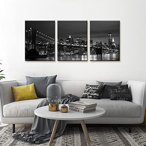 Pacimo New York Brooklyn Bridge Canvas Wall Art 3 Panels Night View Modern - Image 2