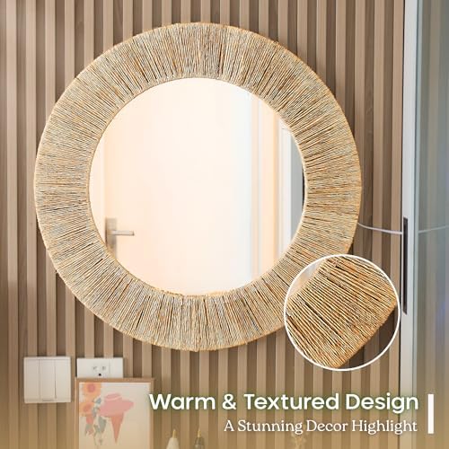 Chi An Home 24 inch Natural Jute Round Wall Mirror, Boho Decor Wall Mirror - Image 5