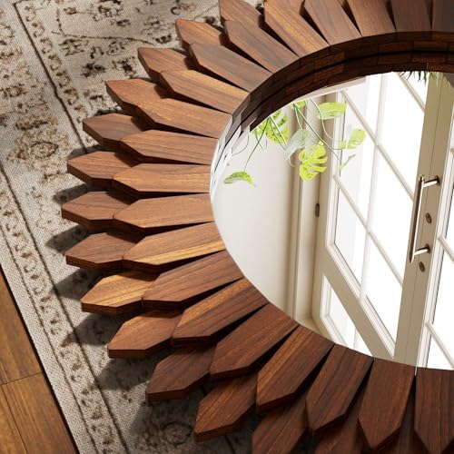 28" Walnut Round Sunburst Wooden Mirror Boho Rustic Wall Decor - Image 2
