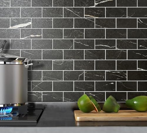 AULIGET Faux Stone Backsplash Peel and Stick PVC Tile, 3 Inch x 6 Inch Black - Image 2