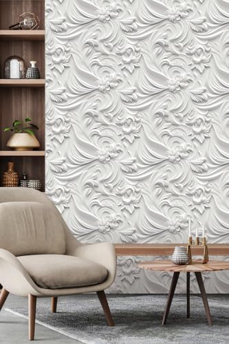 Peel and Stick Wallpaper White Gray Scroll Floral Accent - Image 3