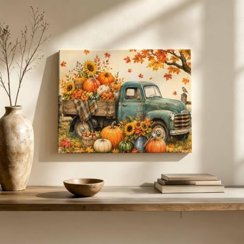 Fall Farmhouse Large Wall Art Vintage Truck Pumpkins Sunflower Maple Leaf - Image 3