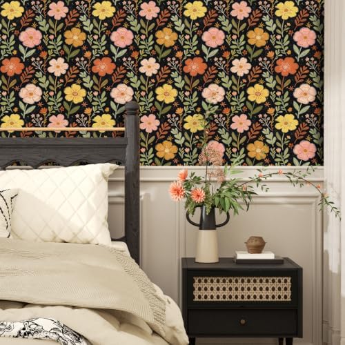 ILHIIOR Black/Orange Floral Peel and Stick Wallpaper 17.5 x 118 Inches - Image 6