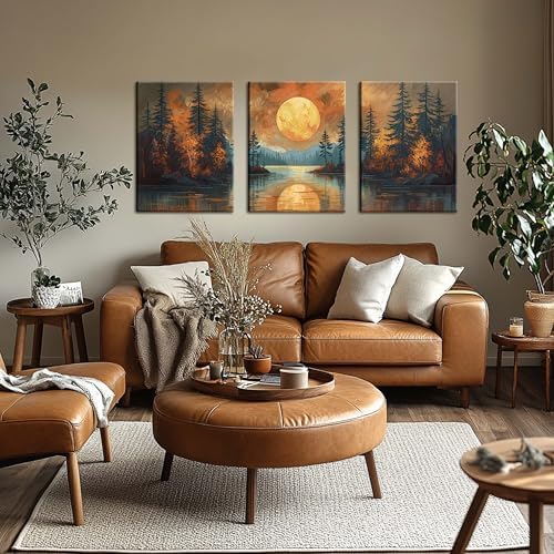 Framed Gold Mountain Forest Sunset Landscape Wall Art Set of 3, Abstract Boho - Image 4