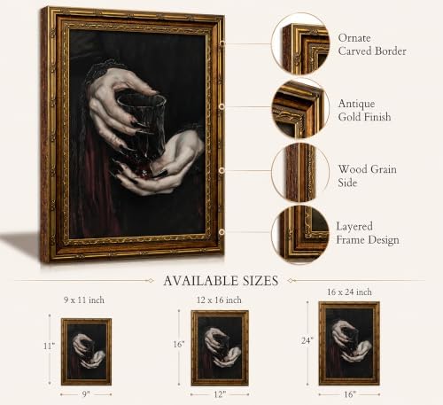 Vintage Gold Framed Canvas Wall Art Dark Academia Gothic Romantic Vampire - Image 2