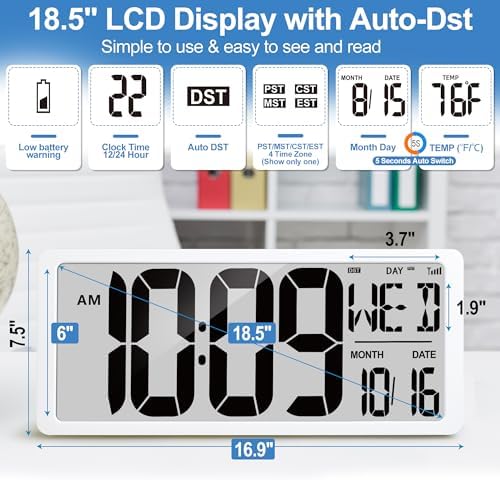 18.6" Extra Large Amotic Digital Wall Clock Battery Operated Alarm Clock - Image 3