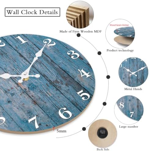 XFM Blue Wood Wall Clocks for Kitchen Decor 10 Inch - Image 6