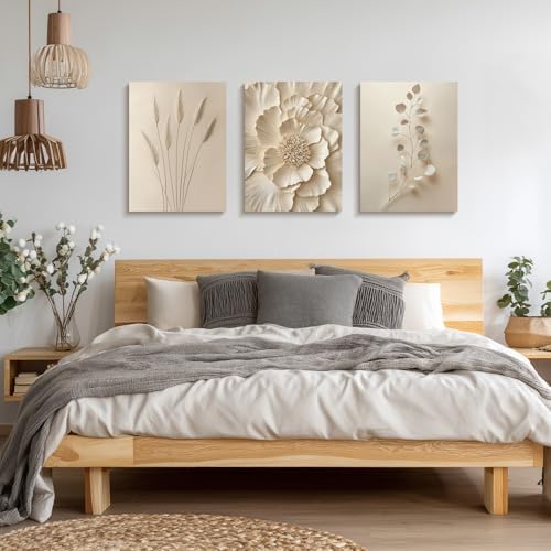 Hianan Wrapped Canvas Neutral Beige Botanical Wall Art Set of 3, 16x24 in - Image 3