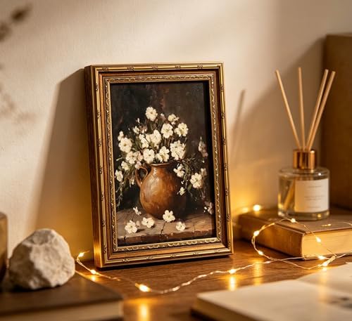 Vintage Gold Framed White Floral Wall Art, Rustic Flower Botanical Still Life - Image 6