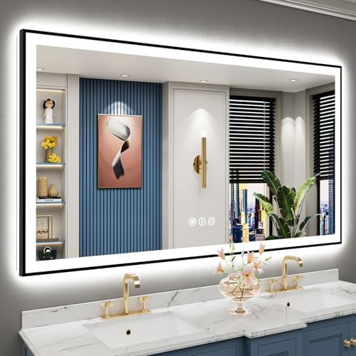 66x36 Black LED Bathroom Mirror, Backlit & Front Lit Lighted Mirror by Awandee