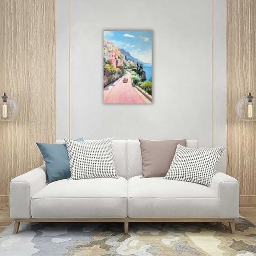 Bittiler Retro Italy Coastal Posters Pink Seaside Town Canvas Wall Art Sunset - Image 4