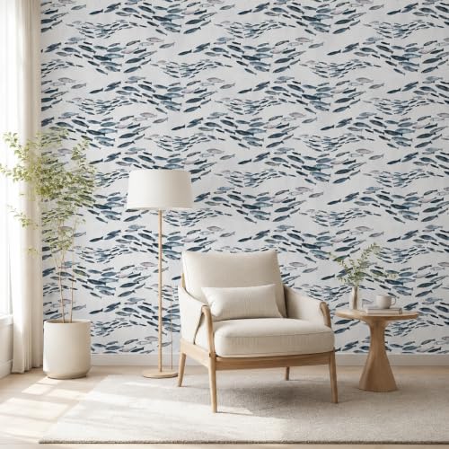 GreenTik Peel and Stick Wallpaper, Watercolor Fish Pattern Aqua Grey Removable - Image 7