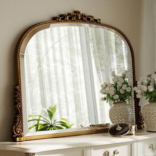 Wall Beaded Mirror, 44 x 32 Inch Round Top Right Angle Wall Mirror, Tempered by Unknown