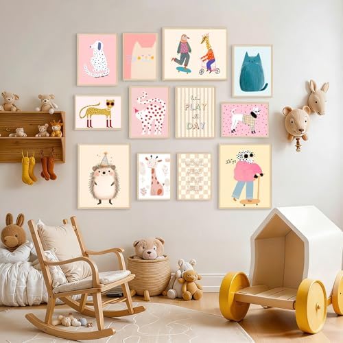 Aroutde 12Pcs Pink Kids Canvas Wall Art, Cartoon Animals Playroom Wall Decor - Image 5