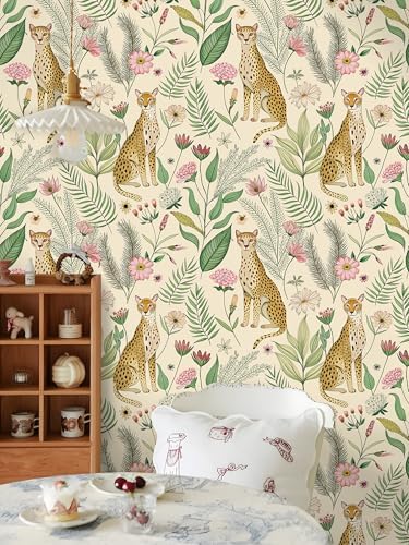 Floralplus Wallpaper Peel and Stick Removable Floral Cheetah Wallpaper Tropical - Image 6