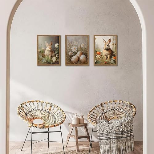 Vintage Easter Bunny Wall Art Set of 3, Spring Easter Rabbit Eggs Canvas Wall - Image 5